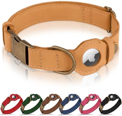 AirTag Dog Collar - Genuine Leather Dog Collar with Apple AirTag Holder and Metal Buckle - Smart GPS Tracking Pet Collars (Light Brown, XL, 20"-25" Neck Fit)