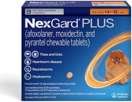 NexGard Plus (afoxolaner, moxidectin, and pyrantel) Flea and Tick Protection & Heartworm Preventive for Dogs Soft Beef Flavored Chewables, 4-8 lbs. (Orange) 3 Chews (3 Month Supply)