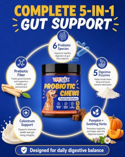 Advanced Dog Gut & Immune Support - Probiotics for Dogs Upset Stomach & Gas Relief with Pumpkin, Slippery Elm,Colostrum & Digestive Enzymes, (Duck Flavor 90 ct)