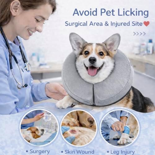Inflatable Dog Cone Collar Alternative – Soft Recovery Donut E-Collar for Small, Medium, and Large Dogs & Cats After Surgery (Grey, S [8"-13"])