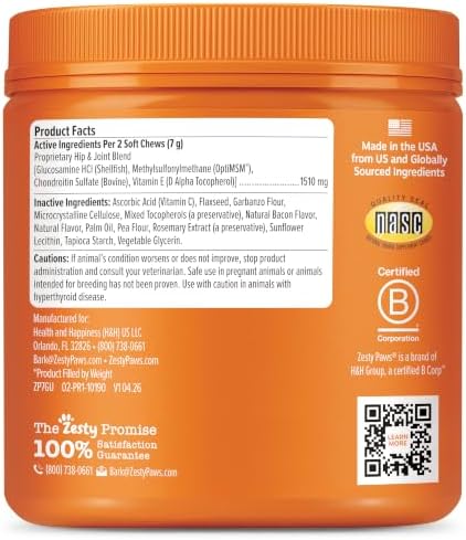 Zesty Paws Glucosamine for Dogs - Dog Joint Supplement, Bacon, 90 Ct