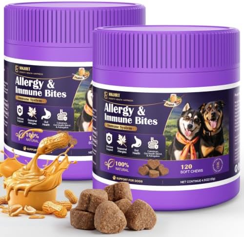 Dog Allergy Chews for Dogs - Skin & Coat, Digestive Health & Immune Support, Peanut Butter Flavor, 2 Bottles, 240 Soft Chews