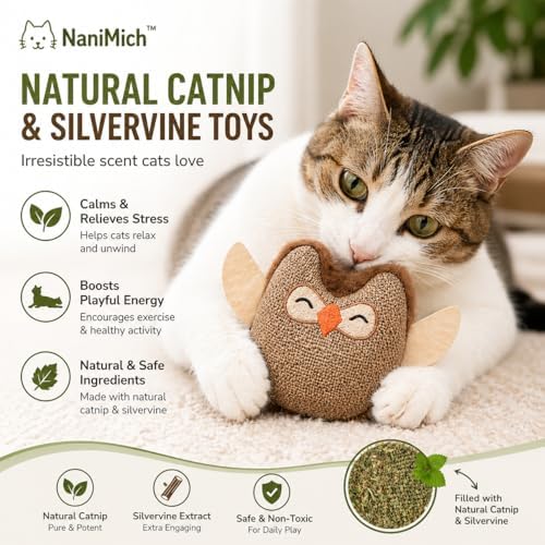 Gray Owl Catnip Cat Toy with Natural Stick, Interactive Plush Cat Toy for Indoor Cats, Bite Resistant Kitten Toy for Chewing, Kicking and Stress Relief