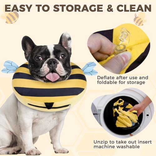 PAWCHIE Inflatable Dog Cone Collar Alternative, Soft Dog Cone for Medium to Large Dogs After Surgery, Adjustable Neck Recovery E-Collars Donut Collar with Cute Bee Shape, Yellow L
