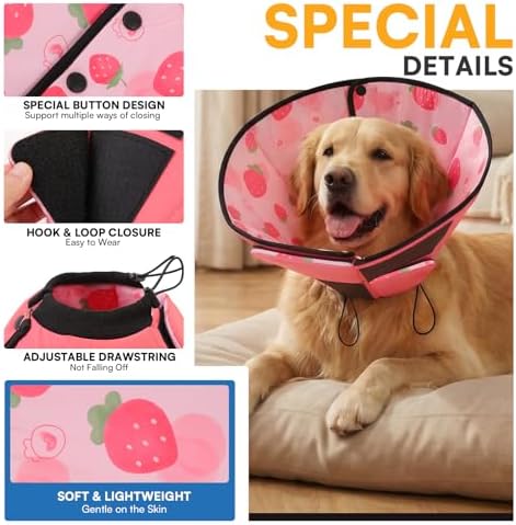 Queenmore Dog Cones for Large Dogs, Soft Dog Cone, Cone for Dogs to Stop Licking After Surgery, Adjustable Elizabethan Collar for Pet to Prevent Licking Wounds, Strawberry L