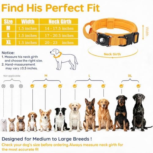 QR Code & AirTag Tactical Dog Collar - Military Grade Adjustable Reflective Collar with Control Handle, for Large Medium Dogs, Durable Nylon Metal Buckle (Yellow-L)