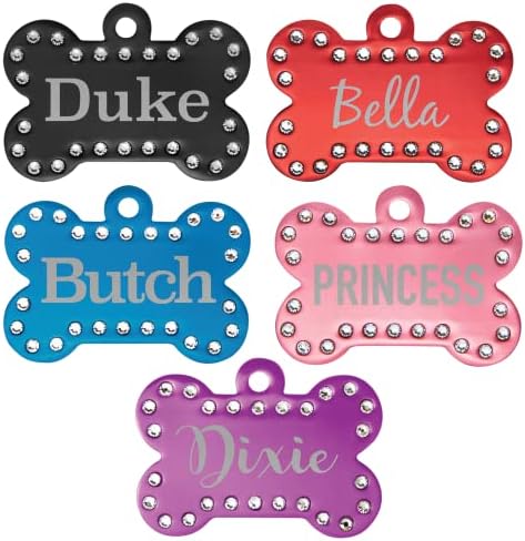 Signature Custom Laser Engraved Anodized Aluminum Pet ID Tags (Black, Swarovski Crystal Bone 1 1/2" x 1")