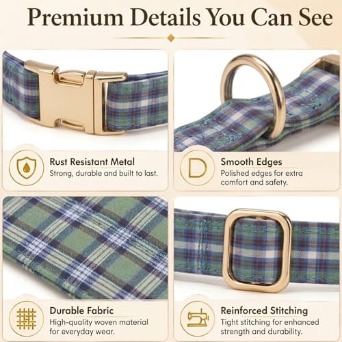 Soft Cotton Dog Collar Classic Plaid Pet Collars with Metal Clasp for Large Dogs with Sensitive Skin, Highland Blue Tartan