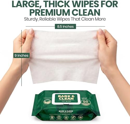 Bark & Clean Dog Wipes for Paws and Butt, 50 Count, Extra Large, Thick 8.5" x 9" Hypoallergenic Bamboo Puppy Compostable Cleaning & Deodorizing Grooming Wipes with Lavender