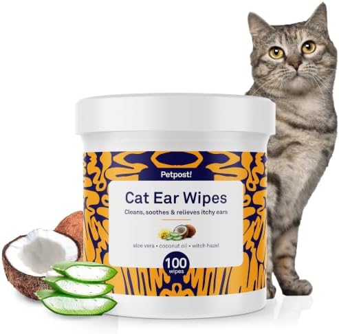 Petpost | Cat Ear Cleaner Wipes - Ultra Soft Cotton Pads in Coconut Oil Solution - Treatment for Removing Cat Ear Dirt & Wax 100 ct.