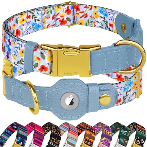 AirTag Dog Collar for Small Medium Large Breed - Adjustable Cute Pattern Dog Collar with Airtag Holder - Soft Leather Tracker GPS Apple Air Tag Pet Collars (Large, 17"-21" Neck Fit, Floral)