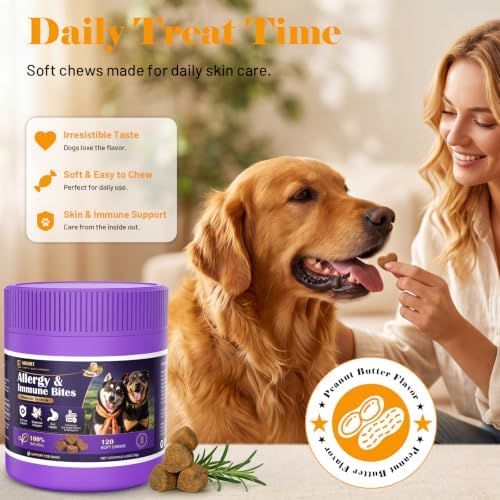 Dog Allergy Chews for Dogs - Skin & Coat, Digestive Health & Immune Support, Peanut Butter Flavor, 2 Bottles, 240 Soft Chews