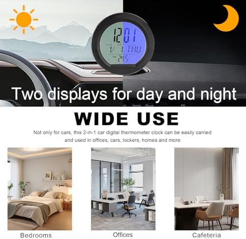 Car Digital Thermometer Clock, Dashboard Clock with Backlight Fahrenheit Celsius Temperature Display, Mini Adhesive 24 Hour Format Time Clock Calendar for Car Truck Home
