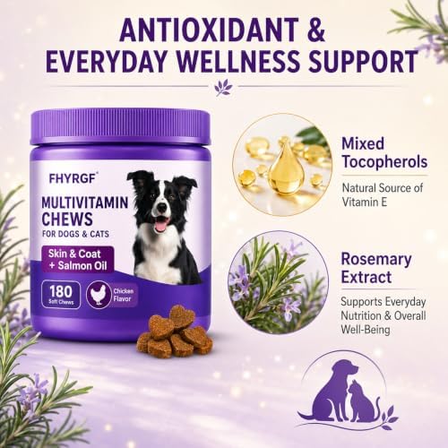 Multivitamin Chews for Dogs & Cats, Skin & Coat Supplement with Salmon Oil & Omega 3, Pet Vitamins with Biotin, Zinc, B Vitamins & Vitamin E, Chicken Flavor, 180 Soft Chews