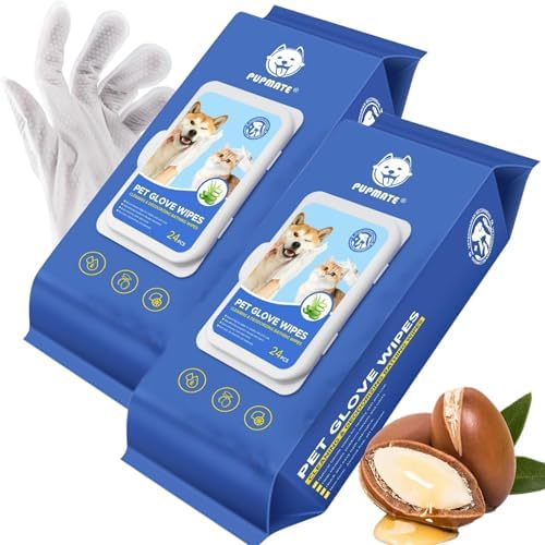 Pet Cleaning Glove Wipes for Dogs & Cats, Hypoallergenic Deodorizing Disposable No-Rinse Grooming Wipes, Extra Thick Bathing Wipes,Perfect for Pet Dry Cleaning,Daily Care and Travel,48 pcs