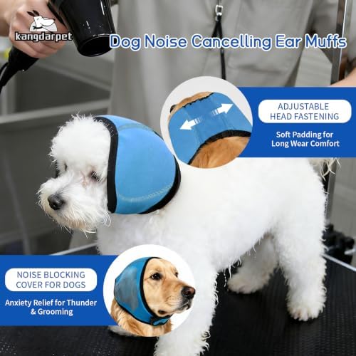 Dog Ear Cover for Noise Protection & Anxiety Relief, Adjustable No Shake Ear Wrap for Firework, Hematoma, Bathing, Swim, Grooming and Force Drying (Blue, L(Head Size:18"-24"))
