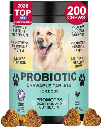 Probiotic Chews for Dogs, Digestive Enzymes & Prebiotics, Relieve Diarrhea, Constipation, Itching & Bad Breath, Support Gut Health & Immunity, Chicken Flavor (200 Ct)