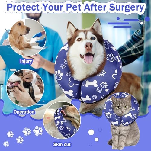 Recovery Donut Collar for Dogs & Cat,Inflatable Dog Cone Collar Alternative After Surgery,Soft Cone for Large Medium Small Dog,Adjustable Pet Neck Donut(Darkblue Bone,Medium+