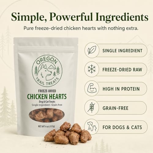 Oregon Trail Treats Freeze Dried Chicken Hearts 4oz - Premium Single Ingredient Cat & Dog Chicken Treats - No Preservatives, Zero Gluten or Grain - Made in the USA