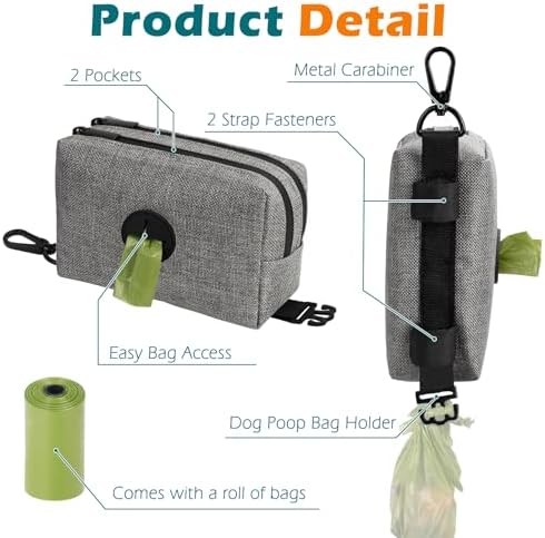 PetBonus Dog Poop Bag Holder, Portable Pet Waste Bag Dispenser, 2 Pouches for Treats and Walking Accessories, Fit All Leashes, Includes 1 Roll of Dog Poop Bags (Grey)