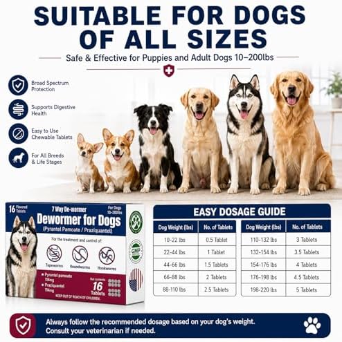 7-Way Dewormer for Dogs, Wormer for Tapeworms, Roundworms & Hookworms in Large Medium Dogs & Puppies (Over 10 lbs), with Praziquantel & Pyrantel Pamoate, 16 Tablets