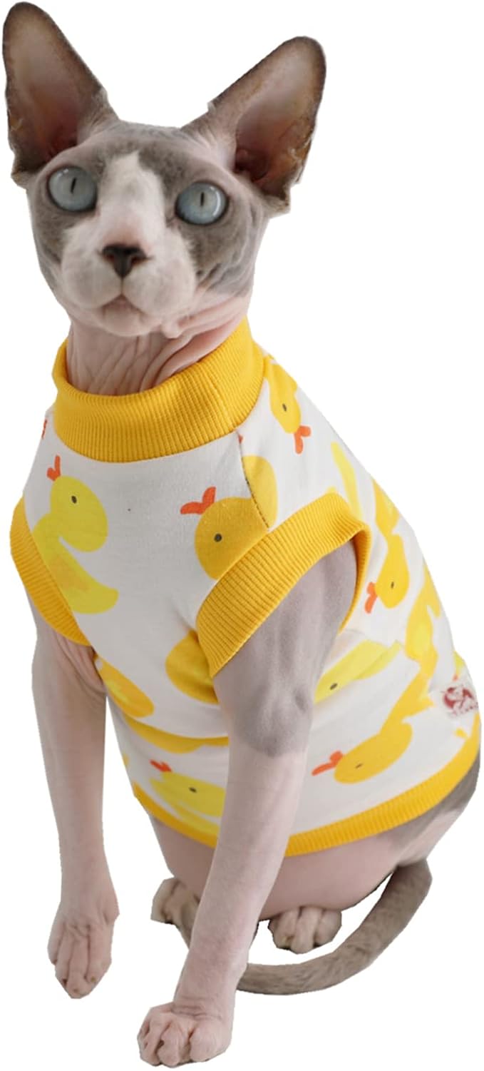Sphynx Hairless Cat Summer Cotton T-Shirts Cat Vest Pet Clothes,Round Collar Vest Kitten Shirts Sleeveless, Cats & Small Dogs Apparel (Large, Yellow Ducks)