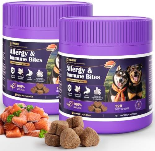 Dog Allergy Chews for Dogs - Skin & Coat, Digestive Health & Immune Support, Salmon Flavor, 2 Bottles, 240 Soft Chews