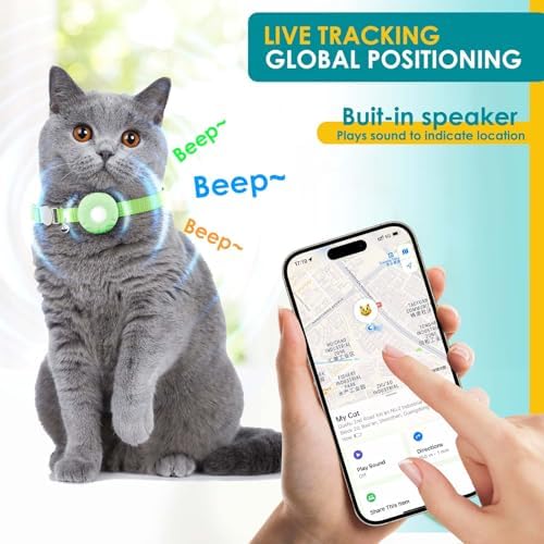 Cat Tracker, GPS Tracker, Compatible with Apple Find My App(Only iOS), Waterproof Cat Tracker Collar with Bell and Safety Elastic Buckle, No Monthly Subscription Fee, Up to 1-Year Battery, Green
