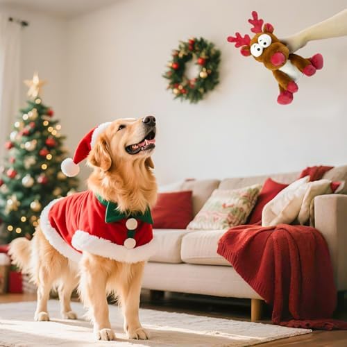 Christmas Squeaky Dog Toys, Stuffed Toys with Crinkle Paper, Interactive Toys to Keep Them Busy, Durable Plush Reindeer for Small, Medium and Large Dogs.