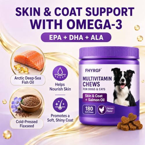 Multivitamin Chews for Dogs & Cats, Skin & Coat Supplement with Salmon Oil & Omega 3, Pet Vitamins with Biotin, Zinc, B Vitamins & Vitamin E, Chicken Flavor, 180 Soft Chews
