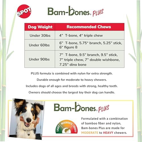 SPOT Bam-Bones Plus Branch -Bamboo Fiber & Nylon, Durable Long Lasting Dog Chew for Aggressive Chewers – Great Toy for Adult Dogs & Teething Puppies Under 60lbs, Non-Splintering, 5.75in, Beef Flavor
