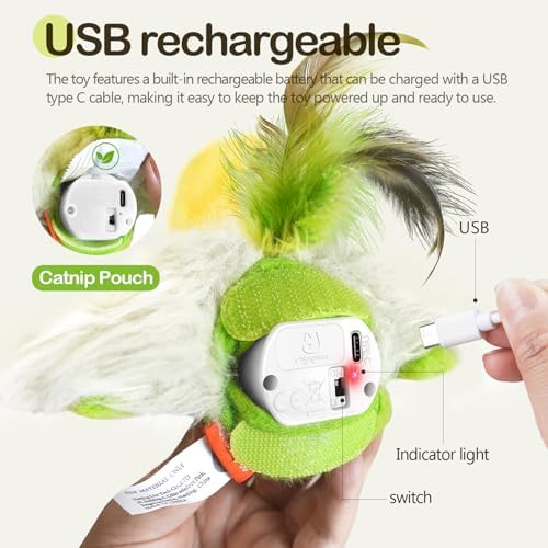 Migipaws Cat Toys,Interactive Lifelike Amakihi Flying Flapping Bird with Catnip, Feathers Hanging by Elastic String, Automatic Chirping Kitten Toys for Indoor Cats Self Play, Rechargeable(Green)