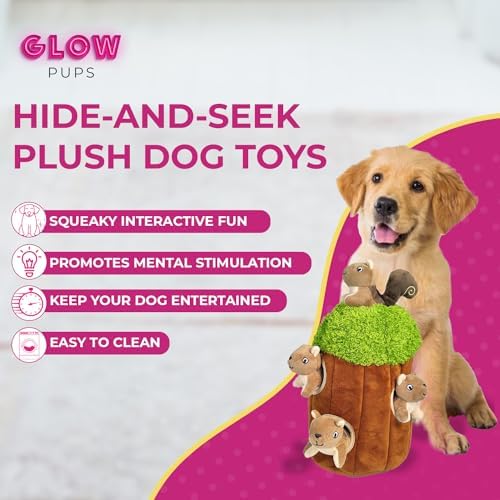 Glow Pups Hide and Seek Dog Toy Squirrel in Tree Trunk, Plush Interactive Burrow Dog Toy with Squeaker, Promotes Mental Stimulation, Easy to Clean, Woodland Style, Large (Brown)
