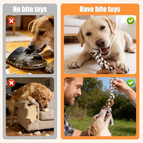 4 Pack Dog Chew Toys for Aggressive Chewers – Puppies & Adults, Multiple Textures & Rope， ndestructible Tough Durable Interactive Dog Toys， Brown Triangle&Stars&Bone&Snowman