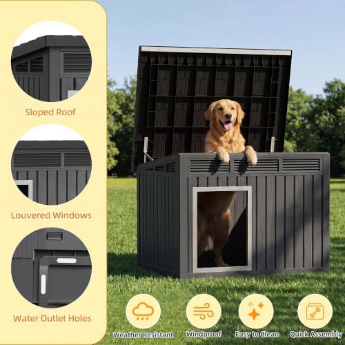 VIXZEN Dog House Indoor Outdoor,Waterproof Dog House for Small to Large Dogs,Doghouse with Air Vents and Elevated Floor,Openable at the Top,Easy to Assemble and Clean,Deep Black