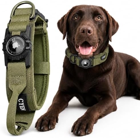 Heavy Duty Tactical Dog Collar with Tracker Pocket,Adjustable GPS Tracking Collar for Small, Medium & Large Dogs, Compatible with Compact Smart Trackers,Control Handle for Added Security (Green, XL)