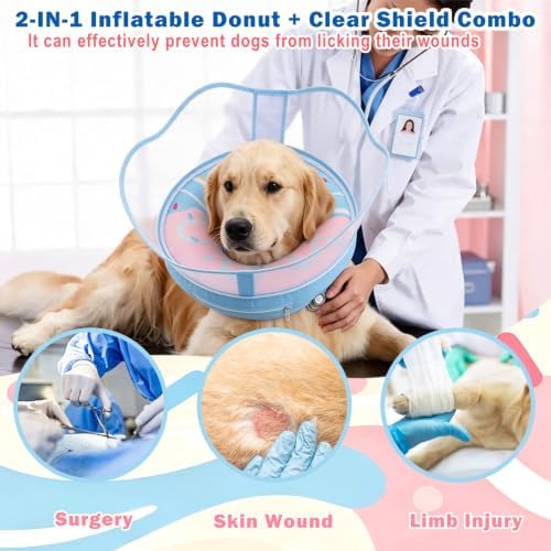 EMUST Inflatable Dog Cone Collar with Removable Clear Protective Shield, Comfortable, Lightweight 2-in-1 Dog Donut Collar After Surgery, Soft Dogs Cone Alternative with Pump(BluePink, Large)