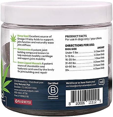 Only Natural Pet Hemp Advanced Mobility Support for Dogs Holistic Wellness Hip Bone Joint Health - Inflammatory Function Relieves Pain Stiffness Green Lipped Mussels Turmeric (HA) 60 Count - 2 Pack