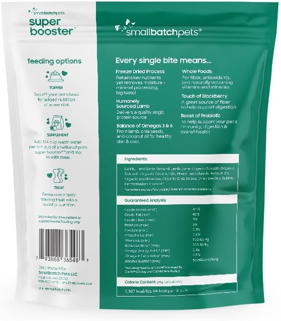 smallbatch Freeze Dried Dog Treats, Superfood Food Topper Lamb Bites for Dogs & Cats, Probiotics, Organic Ingredients, High Protein, Grain Free Healthy Treat or Food Topper, Made in The USA, 7 oz Bag