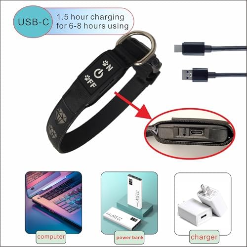 Personalized Dog Collar Waterproof airtag Dog tag Holder,USB C Light up Night Black Dog Collar (Blue, XL(19.7-23.6"))