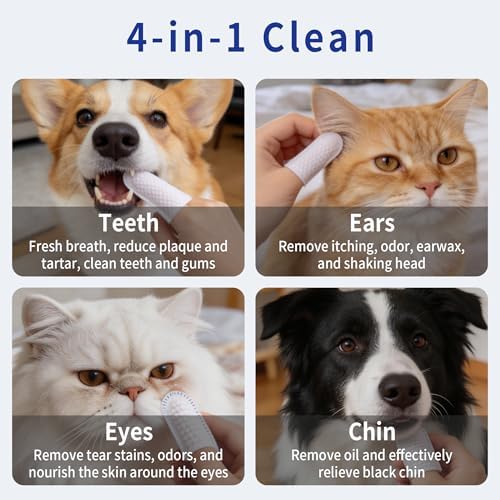 Cleaning Finger Wipes for Dogs and Cats, 4 in 1 Pet Finger Wipes, Cleaning, Soothing, Decodorizing Teeth, Ears, Eyes, Chin, Removes Dirt and Odors, Non Irritating, 50 Pcs (3 Count)