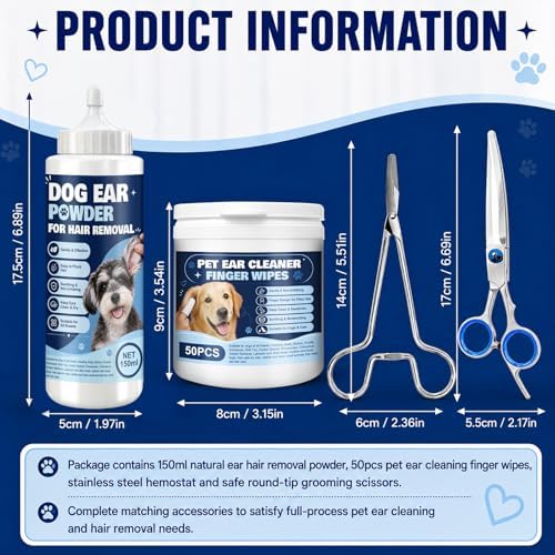 Dog Ear Powder for Hair Removal, Remove Excess Ear Hair, Moisture, Dirt