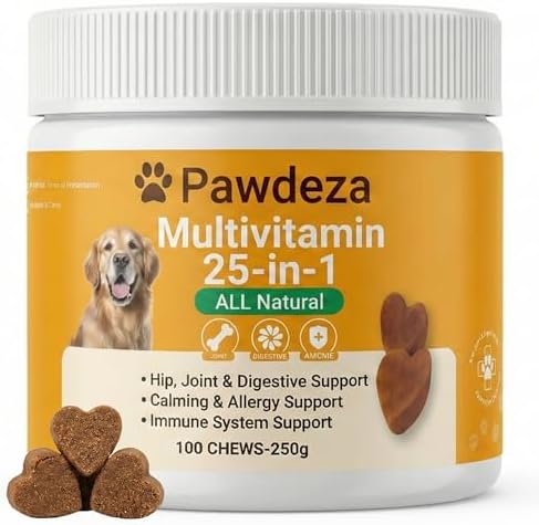 25-in-1 Dog Multivitamin Soft Chews – Hip & Joint, Skin & Coat, Immune, Digestive & Calming Support – 500M CFU Probiotics, Salmon Oil, Glucosamine & Chondroitin