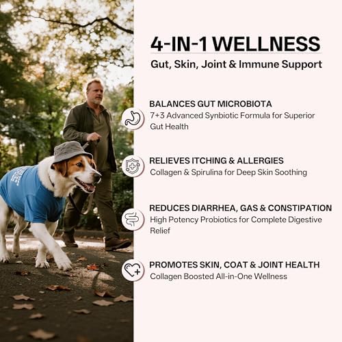 Probiotics for Dogs & Cats, Daily Digestive & Gut Health Supplement, 7 Strains & 3 Prebiotics, Supports Stool Balance, Occasional Diarrhea & Gas, Collagen & Spirulina for Skin Health & Itch Support
