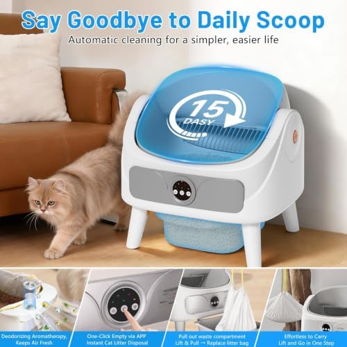 DuckSky Automatic Litter Box, Open-Top Self Cleaning Cat Litter Box for Multiple Cats, Large Capacity Robot, APP Control, Safety Protection,1 Odor Eliminator, 2 Rolls Litter Liner Bags,