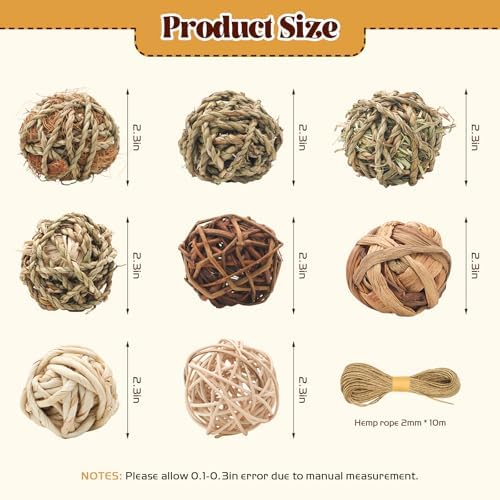 17 Pcs Bunny Chew Grass Balls, Hangable Natural Handmade Enrichment Toys for Teeth Grinding, Enrichment Treats for Rodents Rabbits Guinea Pigs Chinchillas Hamsters Mice, Rolling Chew Toys (2.4")