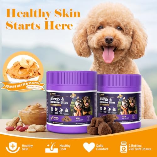 Dog Allergy Chews for Dogs - Skin & Coat, Digestive Health & Immune Support, Peanut Butter Flavor, 2 Bottles, 240 Soft Chews