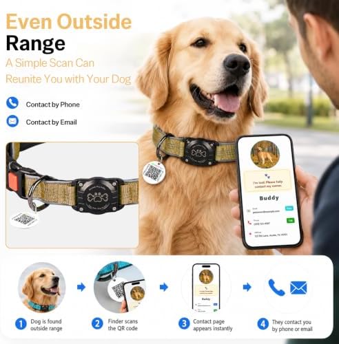 Geamen Waterproof Dog Collar QR Code Reflective Collar Khaki,L | Built-in Waterproof Holder, QR Code Tag, Reflective,Secure Buckle