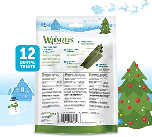 Wellness WHIMZEES Holiday Natural Dog Dental Treat, Christmas Winter Seasonal Gift, Chews, Freshens Breath, Small Size, 6.3 oz Bag, 12 Count