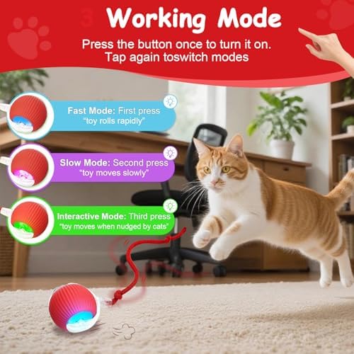 2PCS Interactive Cat Toys Smart Ball for Cats and Dogs, 360° Automatic Rolling Chase, 2 Rapid-Action Tails, Designed for Indoor pet Exercise, Boredom Relief, and Fun Chase Play.（Red＆Blue）